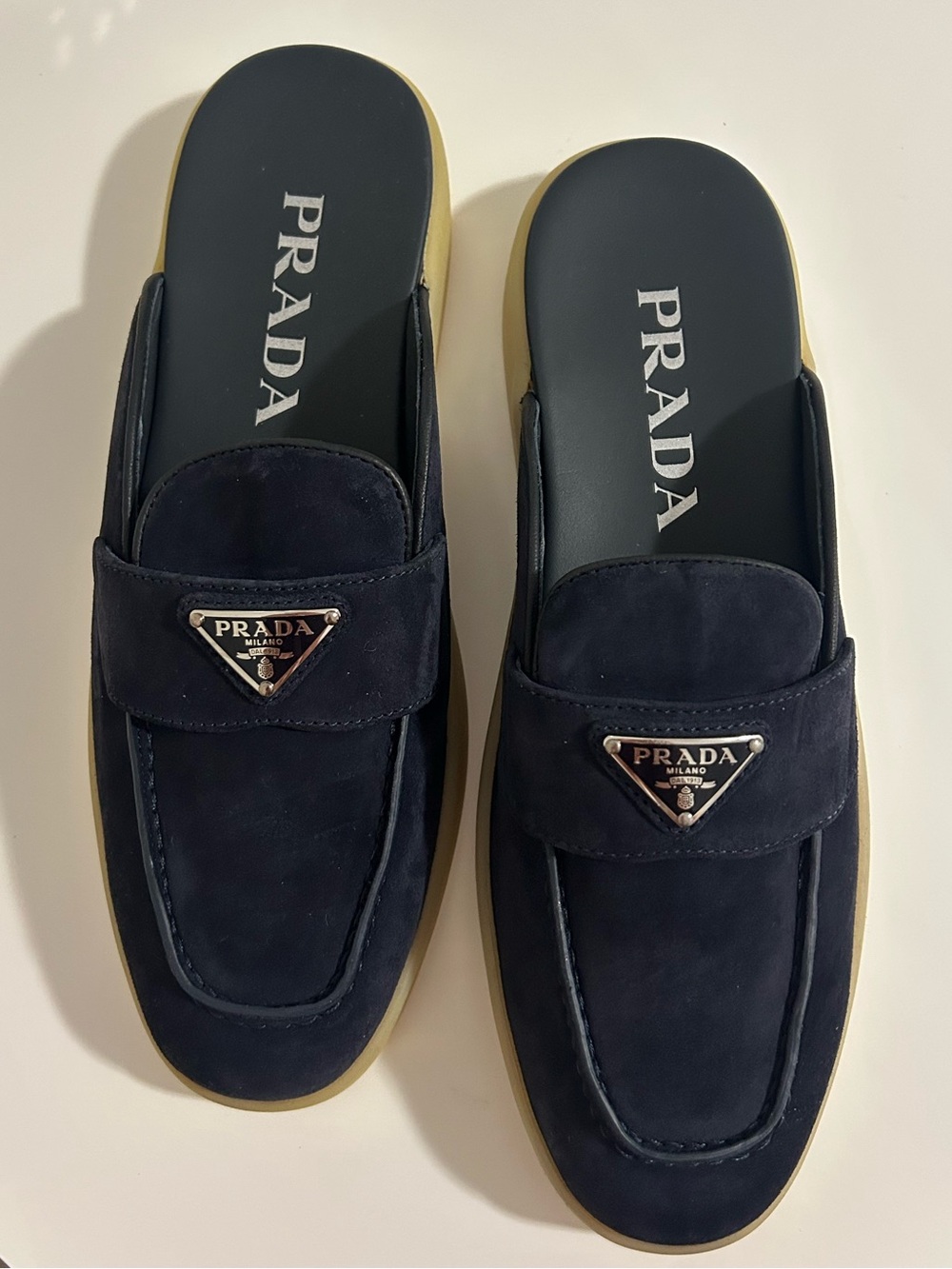 Prada Navy Suede Loafer Slides with Beige Trim and Silver Details